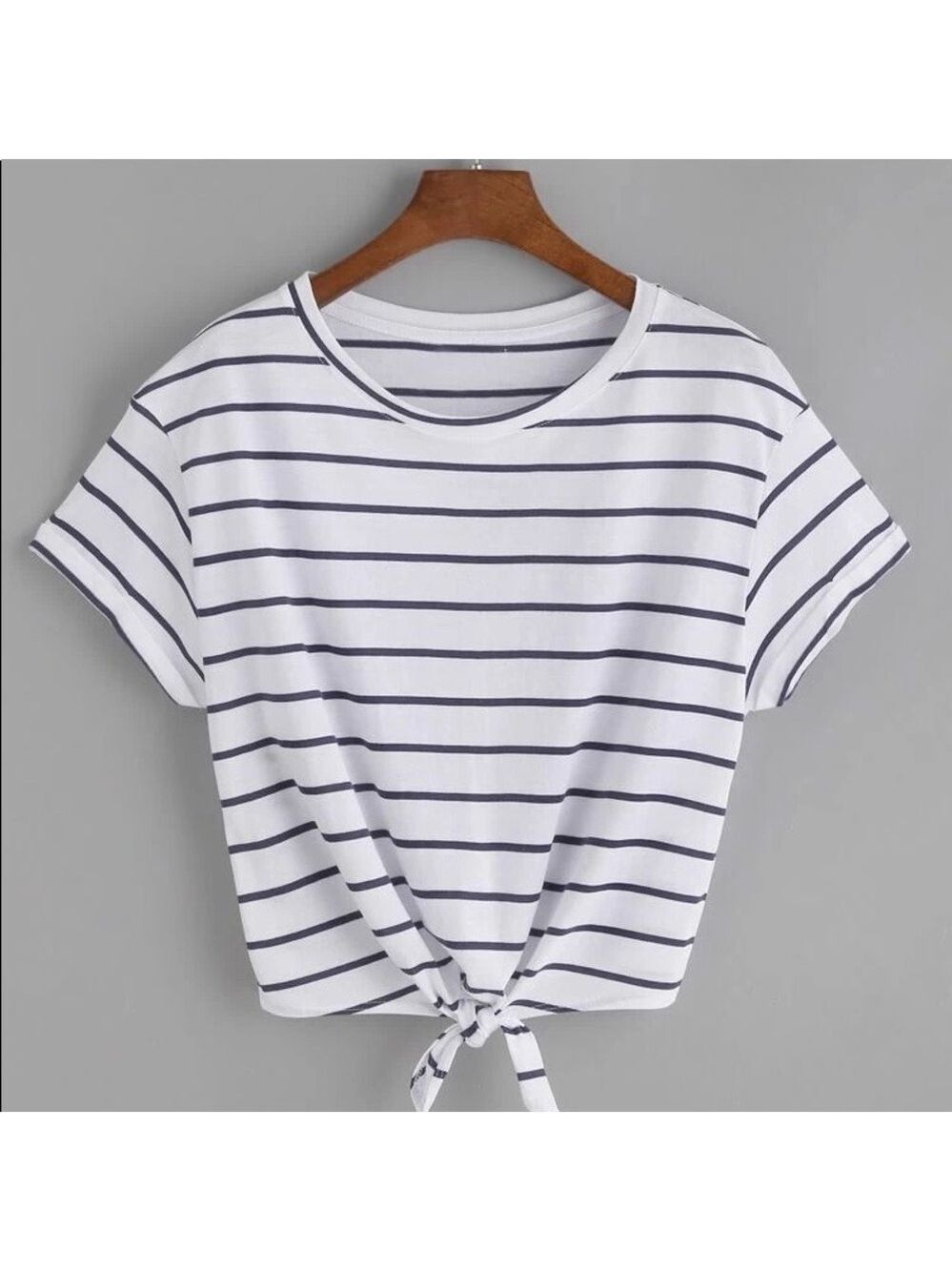 Shein 𝅺Shein Striped Knot-Front T-Shirt - Picture 2 of 9